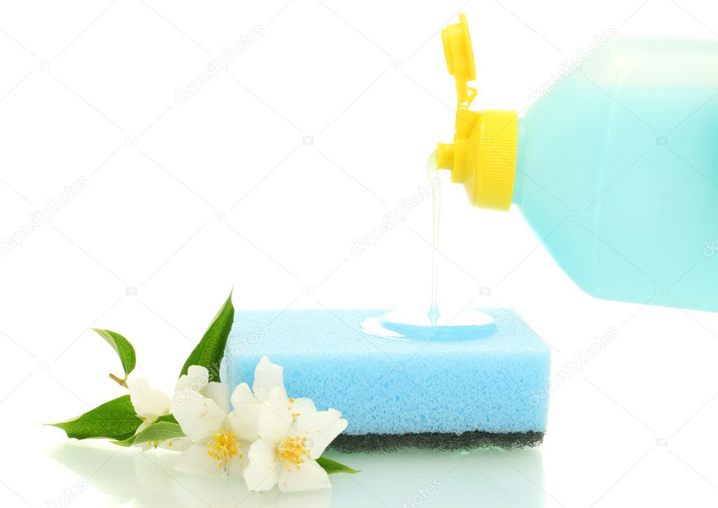 bright sponge and flowers with dish washing liquid isolated on white