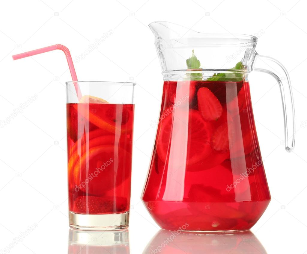 sangria in jar and glass with fruits, isolated on white