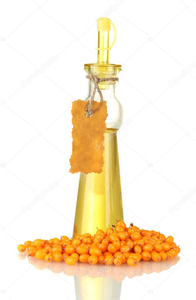 decanter with sea buckthorn oil isolated on white