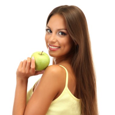 Yeşil elma, üzerinde beyaz izole olan güzel kadın