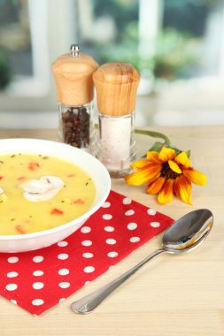 pencere arka plan yakın çekim masada beyaz tabakta kokulu çorba