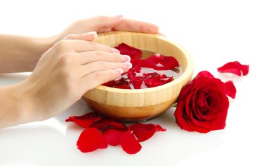 ahşap kase su yaprakları, üzerinde beyaz izole kadın elle