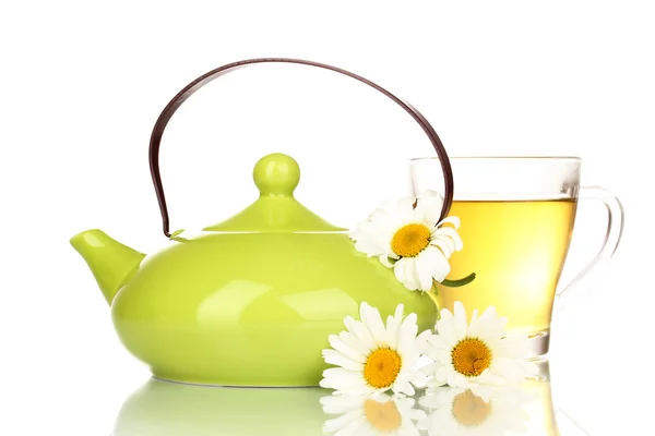 Teapot and cup with chamomile tea isolated on white — Stock Photo, Image