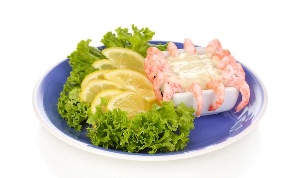 Delicious marinated shrimp with sauce served on plate isolated on white — Stock Photo, Image