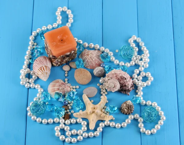 Decor of seashells close-up on blue wooden table — Stock Photo, Image