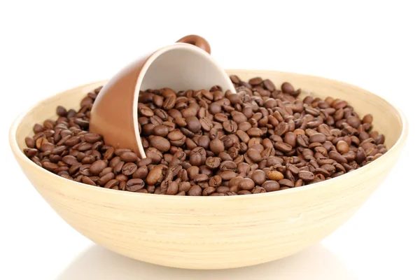 Coffee beans in bamboo bowl with cup isolated on white — Stock Photo, Image