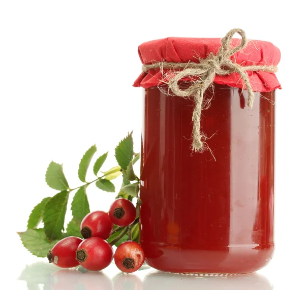 Jar with hip roses jam and ripe berries, isolated on white — Stock Photo, Image