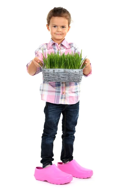 Beautiful little girl with watering can isolated on white — Stock Photo, Image