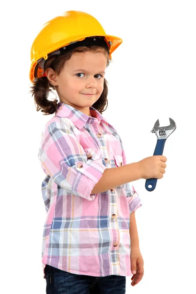 Belle petite fille en casque avec clé isolée sur blanc — Photo