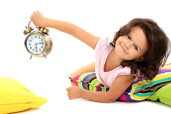 Hermosa niña con almohadas aisladas en blanco — Foto de Stock