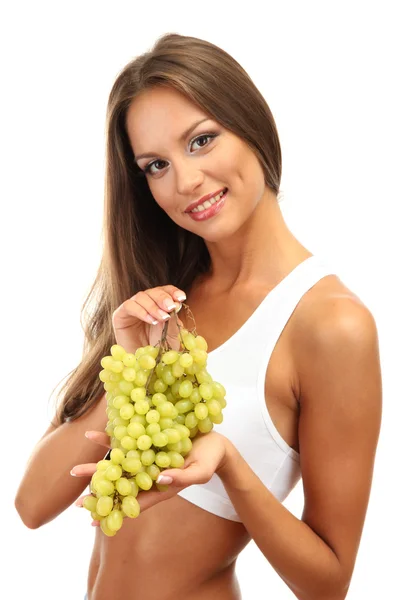 Hermosa joven con uva, aislada en blanco — Foto de Stock