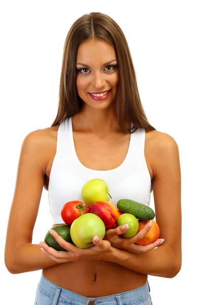 Bella giovane donna con frutta e verdura, isolata su bianco — Foto Stock