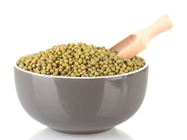 Green mung beans with scoop in bowl isolated on white — Stock Photo, Image