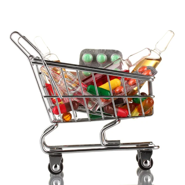 Shopping trolley with pills, isolated on white — Stock Photo, Image