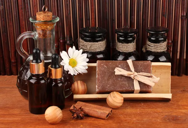 Ingredients for soap making on brown background — Stock Photo, Image