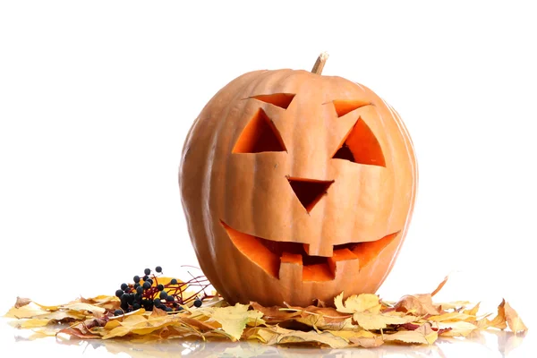 Abóbora halloween e folhas de outono, isolado em branco — Fotografia de Stock