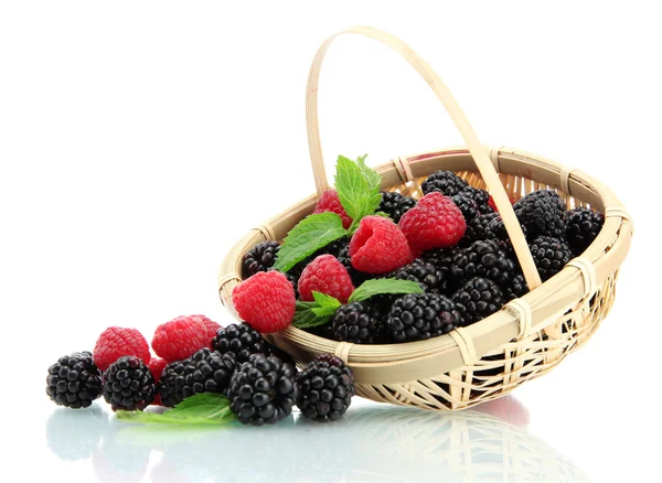 Beautiful berries with leaves in basket isolated on white — Stock Photo, Image