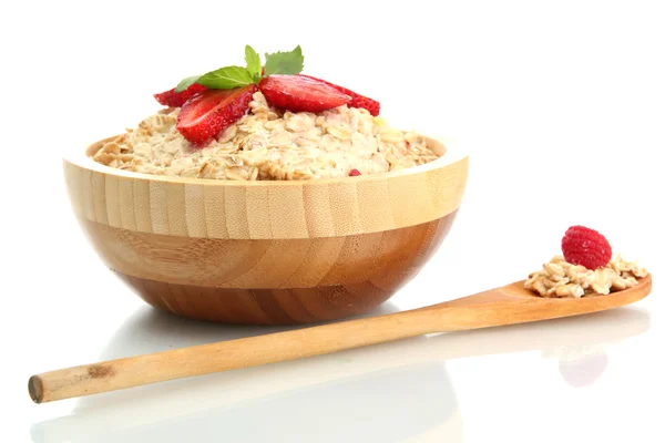 Tasty oatmeal with strawberries, isolated on white — Stock Photo, Image