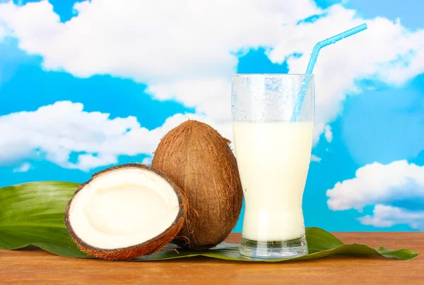 Vidro de leite de coco e cocos no fundo do céu close-up — Fotografia de Stock