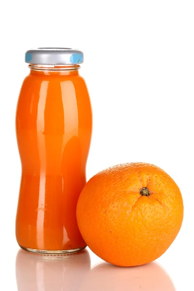 Delicious orange juice in a bottle and orange next to it isolated on white — Stock Photo, Image