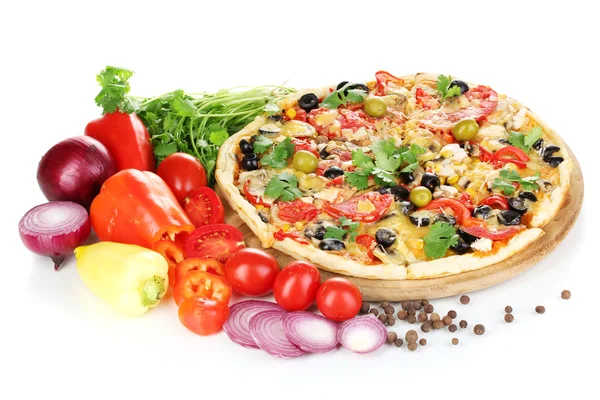 Delicious pizza with ingredients around isolated on white — Stock Photo, Image