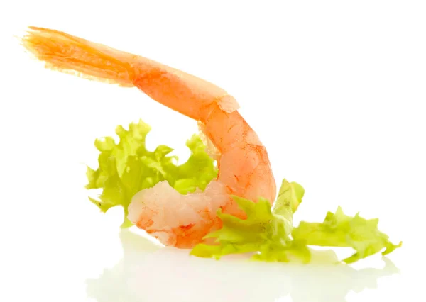 Boiled shrimp and lettuce leaf, isolated on white — Stock Photo, Image