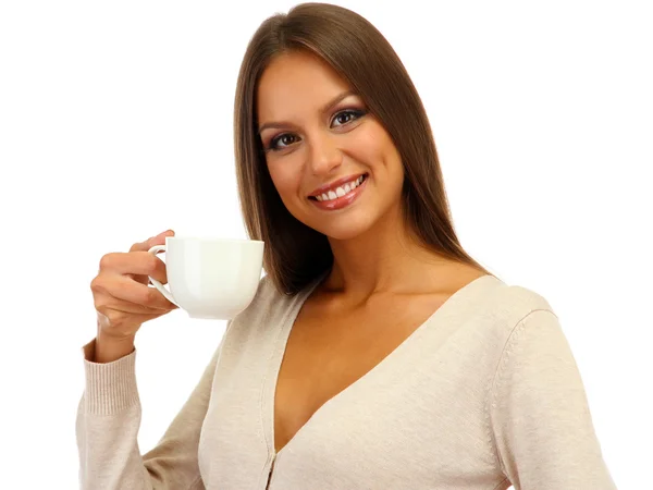 Mooie jonge vrouw met kop koffie, geïsoleerd op wit — Stockfoto