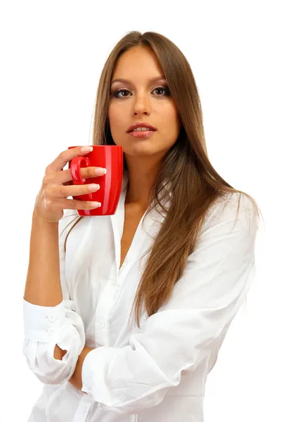Beautiful young woman with cup of tea, isolated on white — Stock Photo, Image