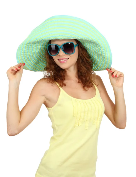 Smiling beautiful girl with beach hat and glasses isolated on white Stock Photo