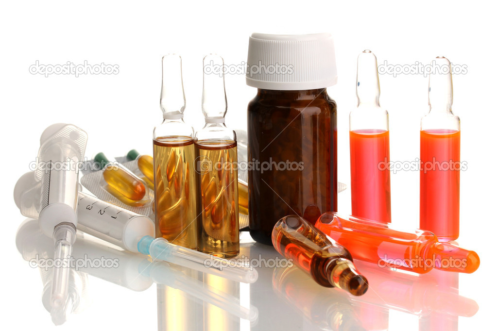 medical ampules, bottle and syringes, isolated on white