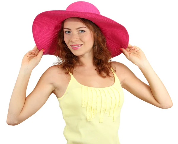 Sonriente hermosa chica en sombrero de playa aislado en blanco — Foto de Stock