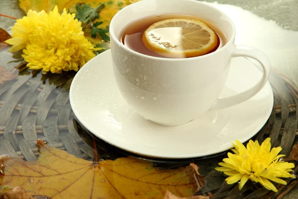 Fincan sıcak içecek ve sonbahar yaprakları, close up — Stok fotoğraf