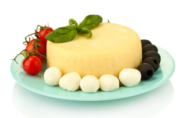 Cheese mozzarella with vegetables in the plate isolataed on white — Stock Photo, Image