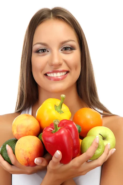 Mooie jonge vrouw met fruit en groenten, geïsoleerd op wit — Stockfoto