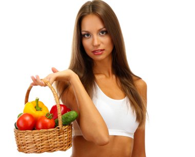 güzel genç kadın ile üzerine beyaz izole sebze sepeti,