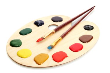 ahşap sanat palet boya ve fırça üzerinde beyaz izole