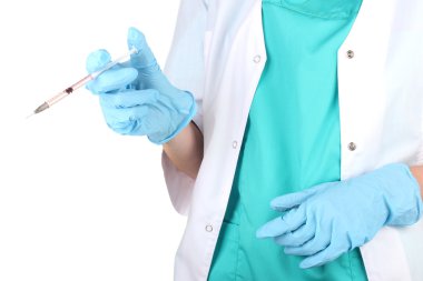 Doktor üzerine beyaz izole şırınga ile