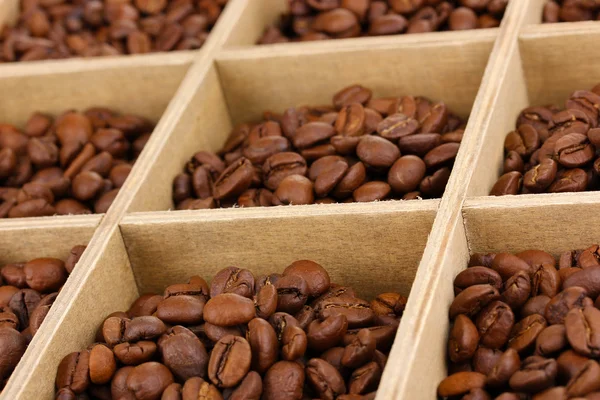 Granos de café en caja de madera de cerca — Foto de Stock