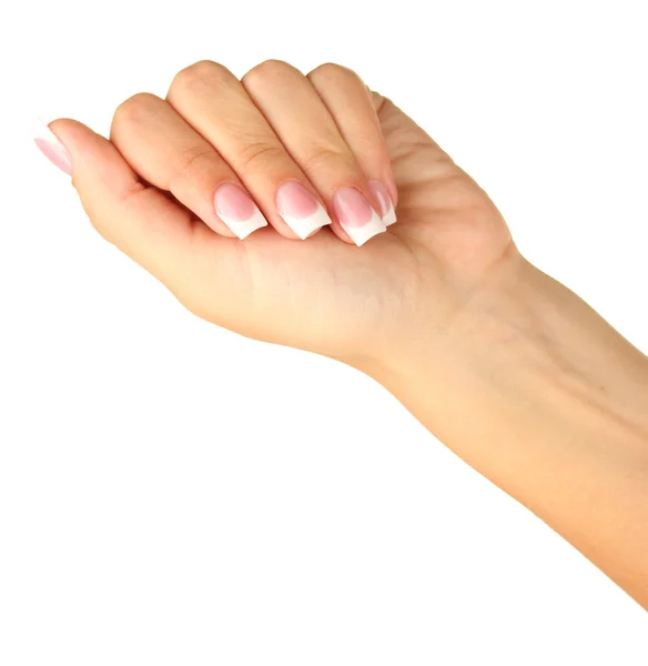Mooie vrouw de hand met Frans manicure op witte achtergrond — Stockfoto