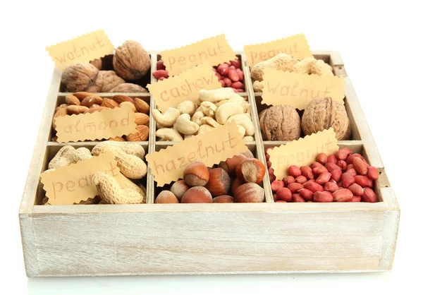 Assortimento di gustose noci in scatola di legno, isolate su bianco — Foto Stock