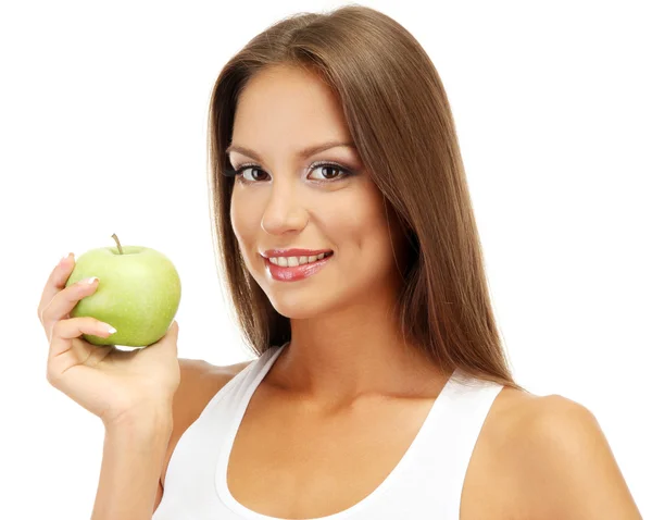 Красивая молодая женщина с зеленым яблоком, изолированные на белом — стоковое фото