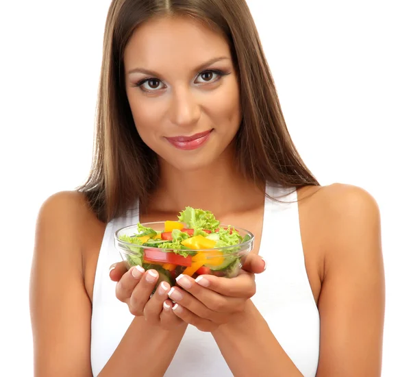 Schöne junge Frau mit Salat, isoliert auf weiß — Stockfoto