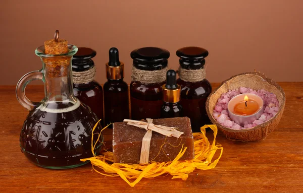 Ingredients for soap making on brown background — Stock Photo, Image