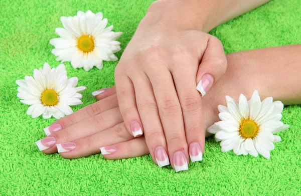 Vrouw handen met Frans manicure en bloemen op groene handdoek — Stockfoto