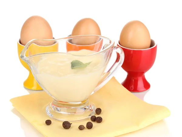 Mayonnaise in bowl on napkin isolated on white — Stock Photo, Image