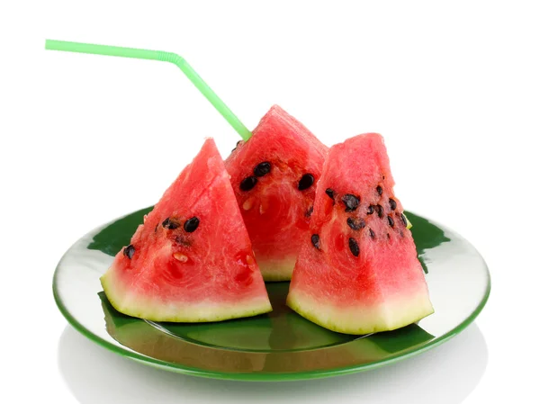 Sweet watermelon slices on green plate isolated on white — Stock Photo, Image