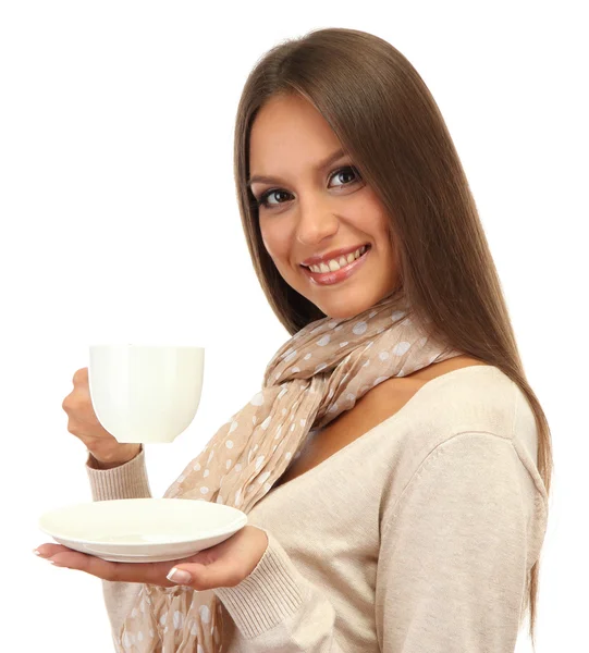 Beautiful young woman with cup of coffee, isolated on white — Stock Photo, Image