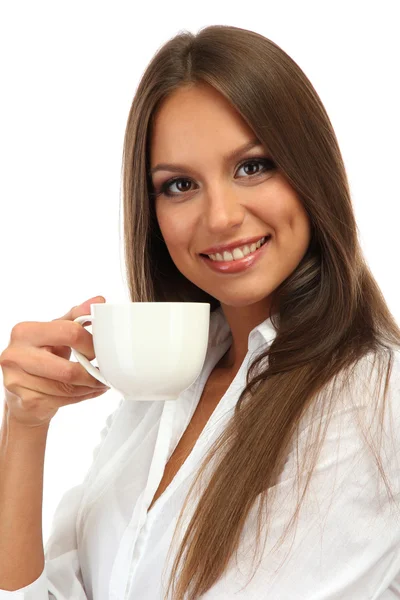 Bela jovem com xícara de café, isolado em branco — Fotografia de Stock