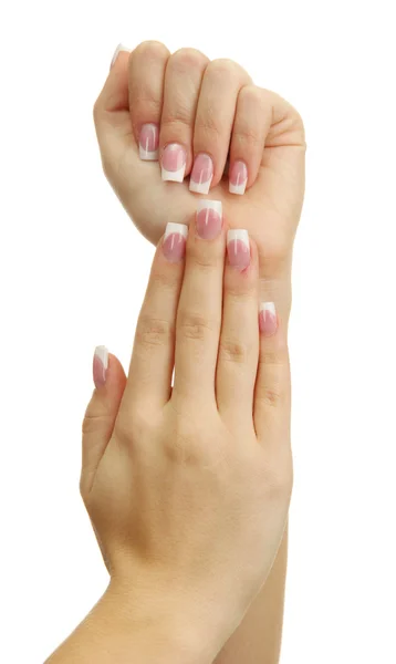 Beautiful woman hands with french manicure, isolated on white — Stock Photo, Image