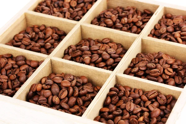 Coffee beans in wooden box close-up — Stock Photo, Image